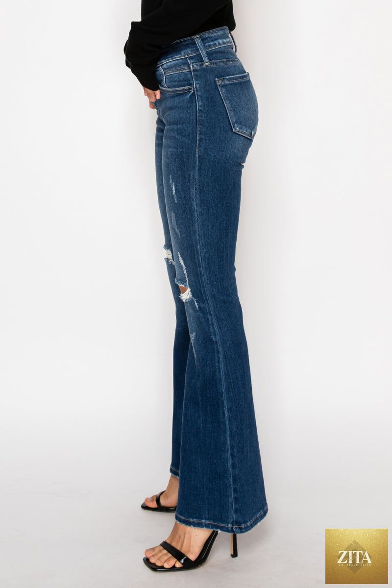 Artemis Vintage Margaret low rise stretch vintage flare jeans in classic denim, available in regular and plus sizes.