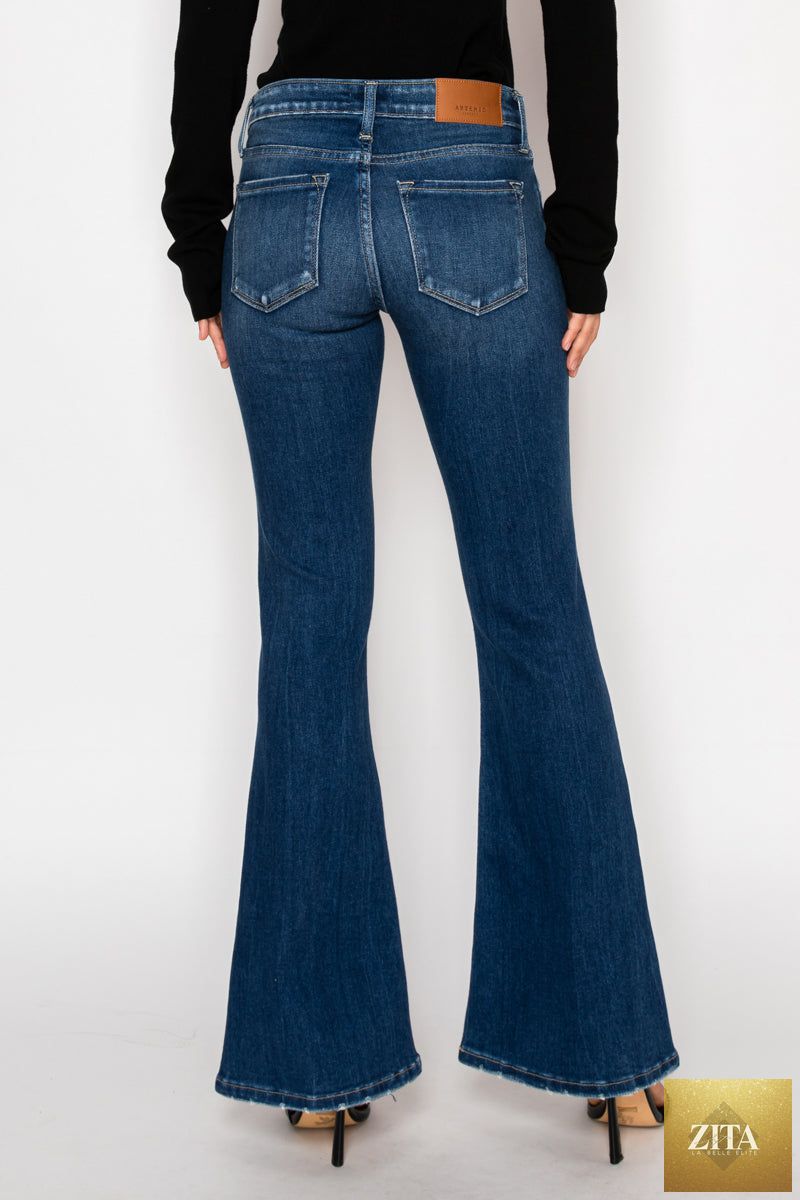 Artemis Vintage Margaret low-rise stretch vintage flare jeans in classic denim, available in regular and plus sizes.