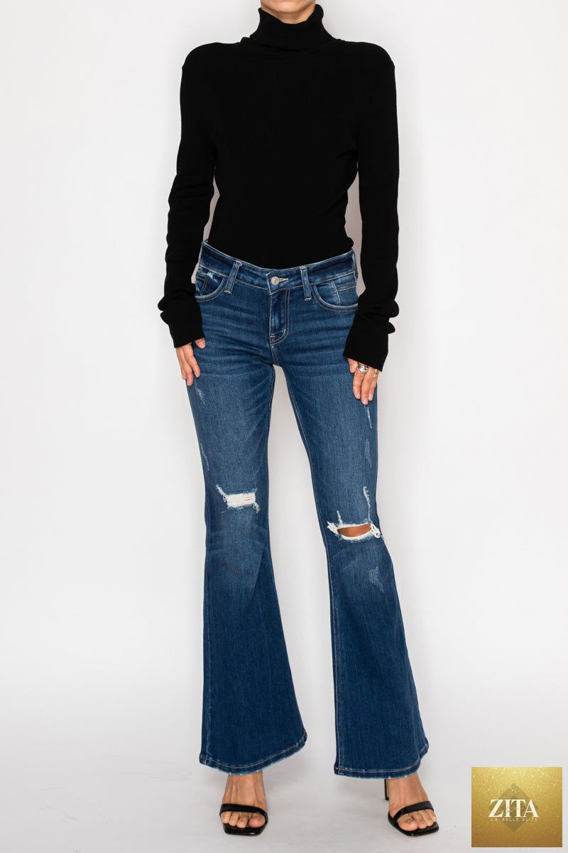 Artemis Vintage Margaret low rise stretch vintage flare jeans, available in regular and plus sizes, shown in classic denim style.