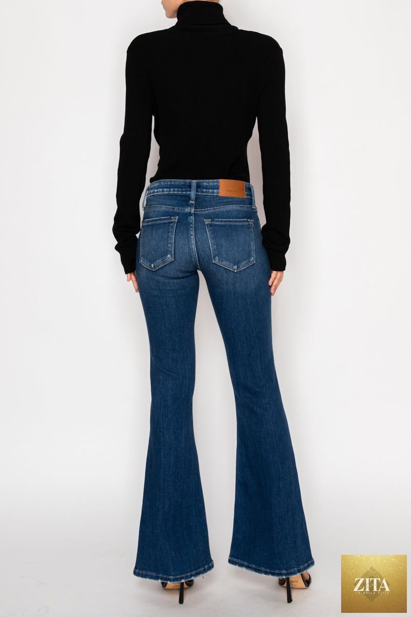 Artemis Vintage Margaret low rise stretch vintage flare jeans in regular and plus sizes displayed on a model.