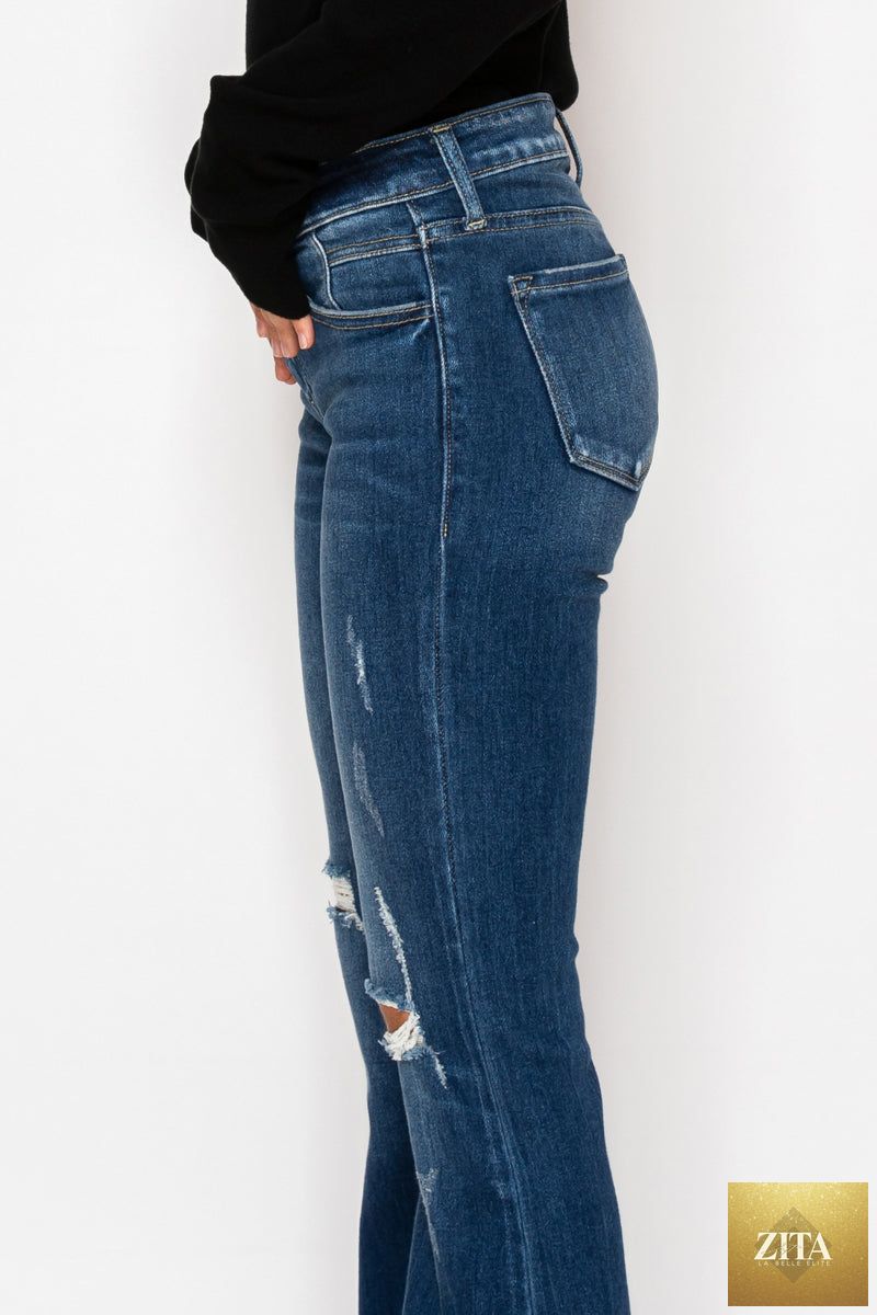 Artemis Vintage Margaret low rise stretch vintage flare jeans, shown in classic blue denim, available in regular and plus sizes.