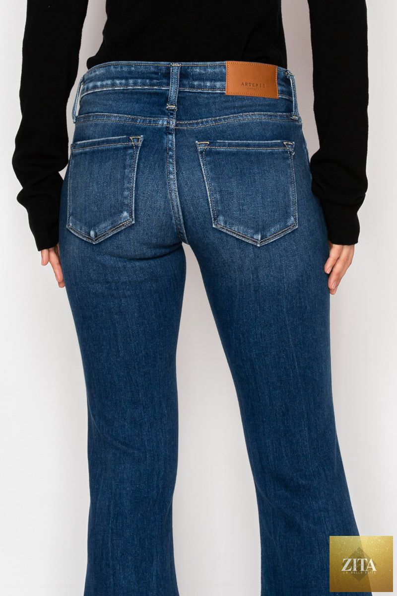 Artemis Vintage Margaret low rise stretch vintage flare jeans in classic denim, available in regular and plus sizes, with a stylish fit.