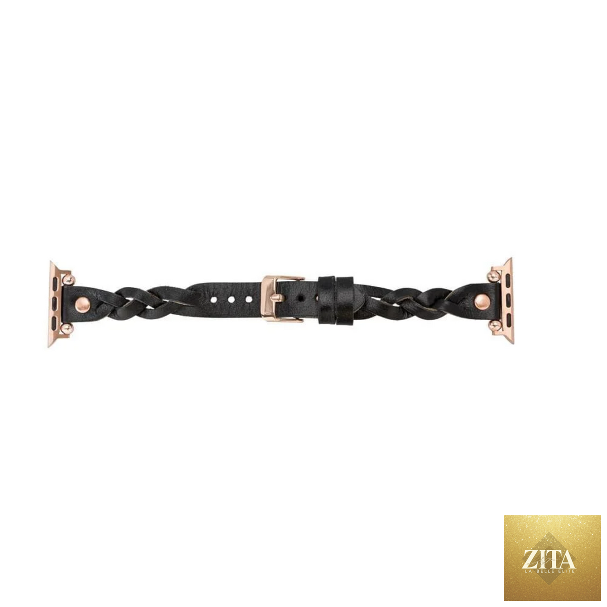 Leather Apple Watch band in black with braided design from LEATHERE, designed for a stylish and comfortable fit.