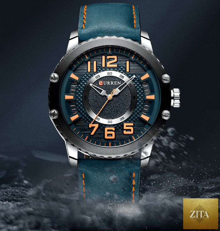 Men's waterproof sport watch with leather belts from Stevvex, large numbered dial, detailed design, perfect for active wear.