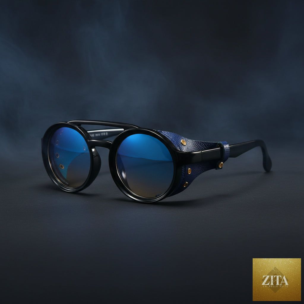 Retro round leather frame sunglasses by FitiqueFit with vintage style, featuring dark tinted lenses and classic leather accents.