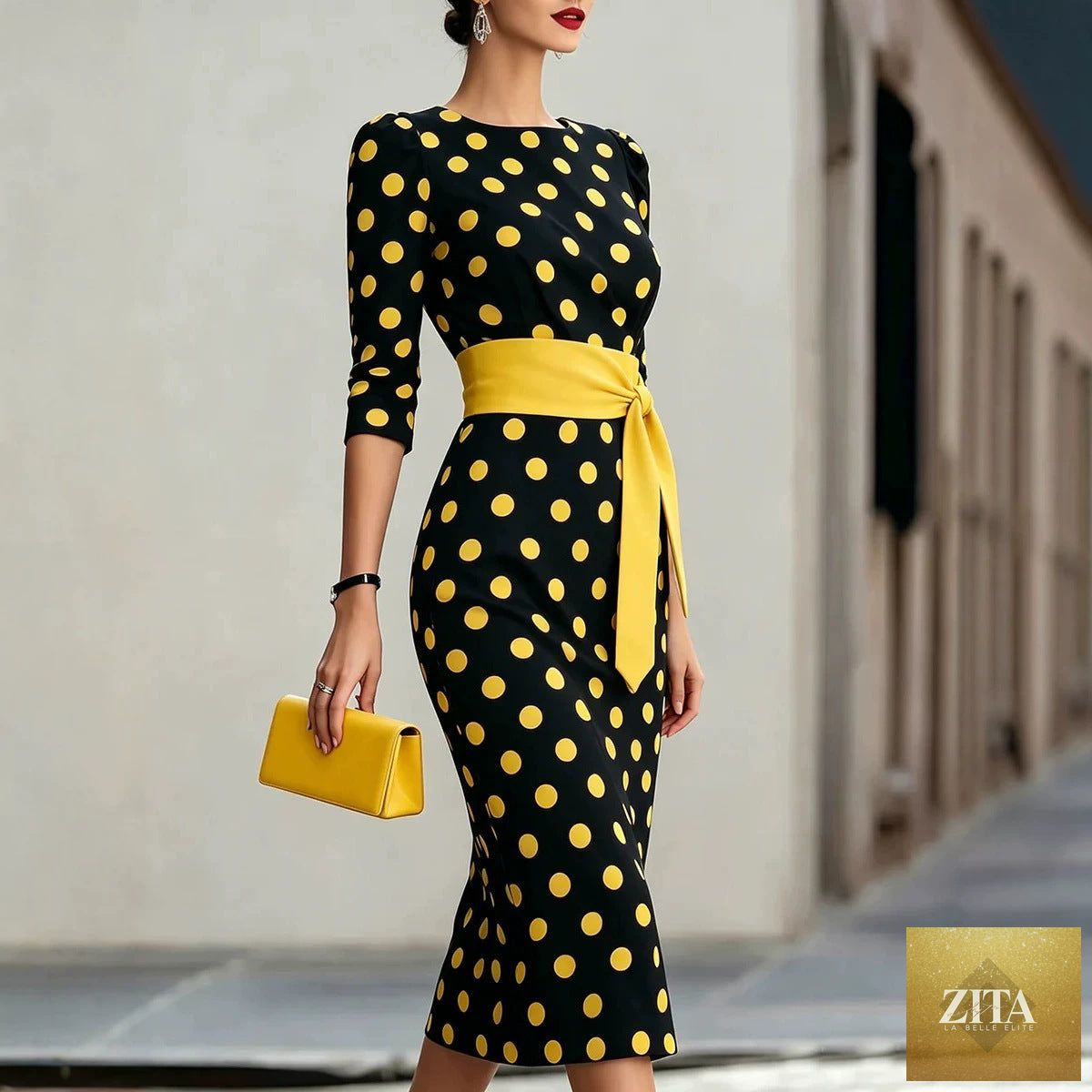 Women's retro polka-dot bodycon midi dress by Zita La Belle Elite featuring a belted cross-tie waist and casualwear style.