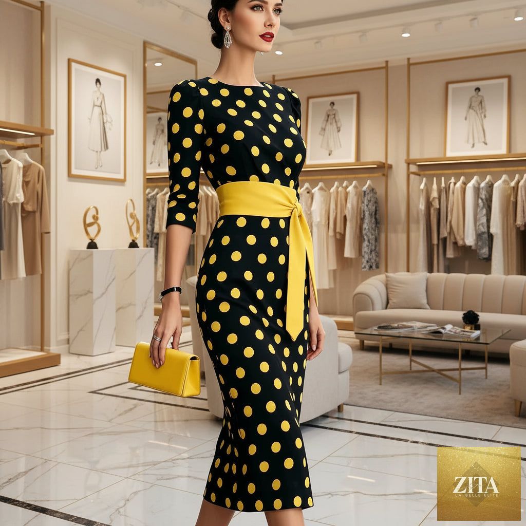 Women's retro polka-dot bodycon midi dress with belt and cross-tie from FitiqueFit, perfect casualwear with a vintage-inspired style.
