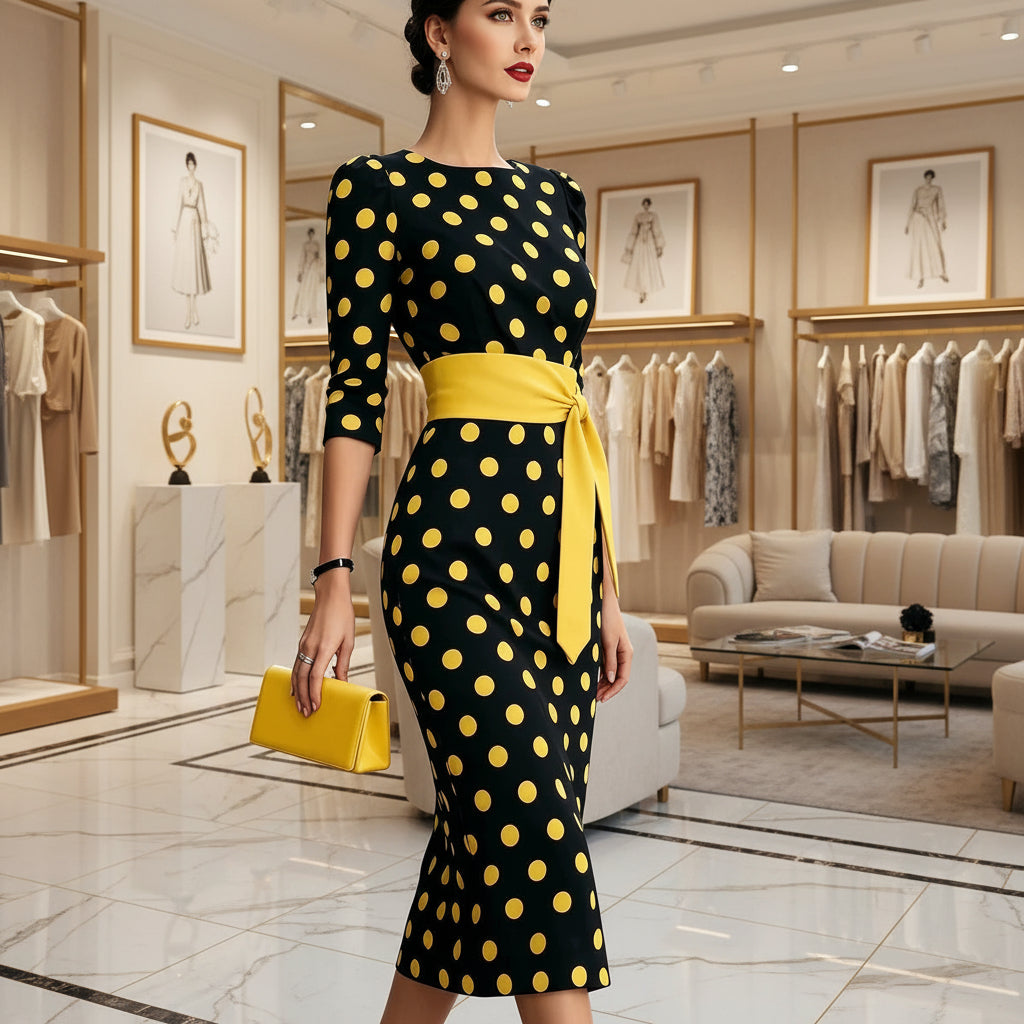 Women's retro polka-dot bodycon midi dress with belt and cross-tie, casualwear by FitiqueFit, shown on a model.