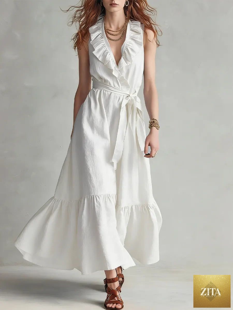 Women's FitiqueFit V-neck sleeveless lace-up panelled maxi dress with wide flare, perfect for casualwear.