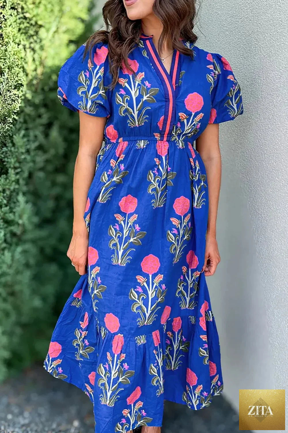 Floral puff short sleeve high waist dress by Shopiebay featuring notched neckline and feminine design, displayed on a white background.