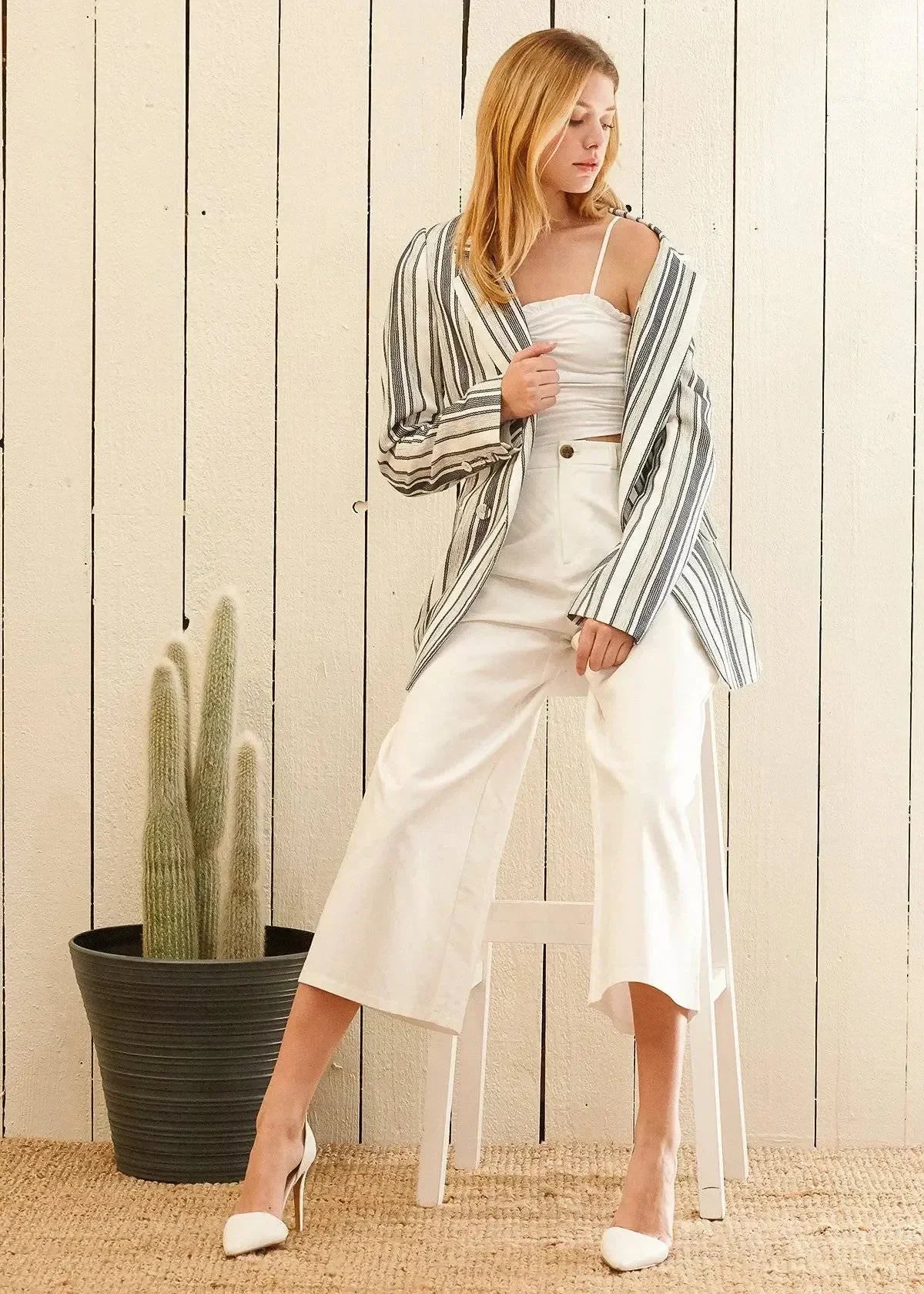 Blue and white striped blazer by Femstylo, double-breasted tweed jacket with tailored fit, shown on a model.