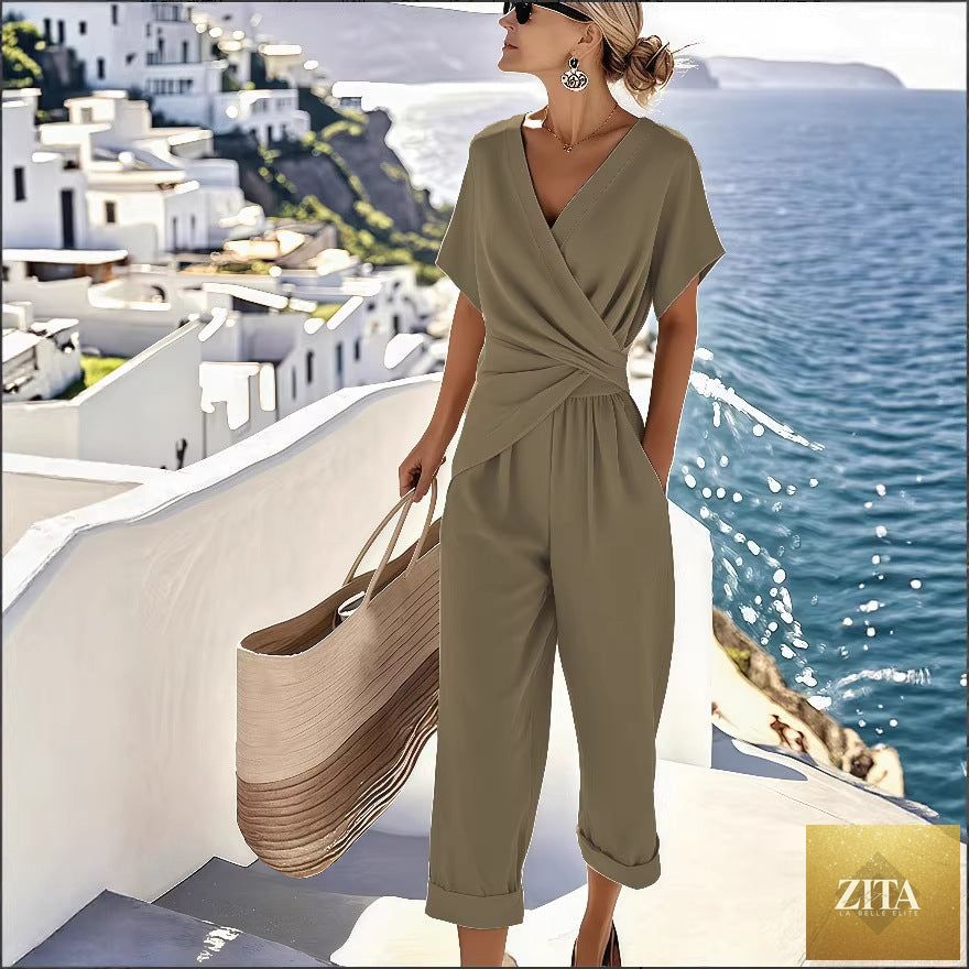Women's loose irregular short-sleeve two-piece casualwear set by Zita La Belle Elite, with relaxed fit and stylish design.