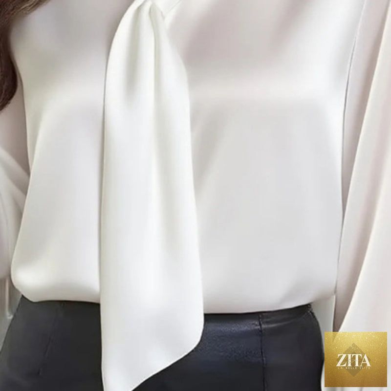 Women's lightweight casual blouse with ribbon detail by FitiqueFit, featuring a business casual style and relaxed fit.