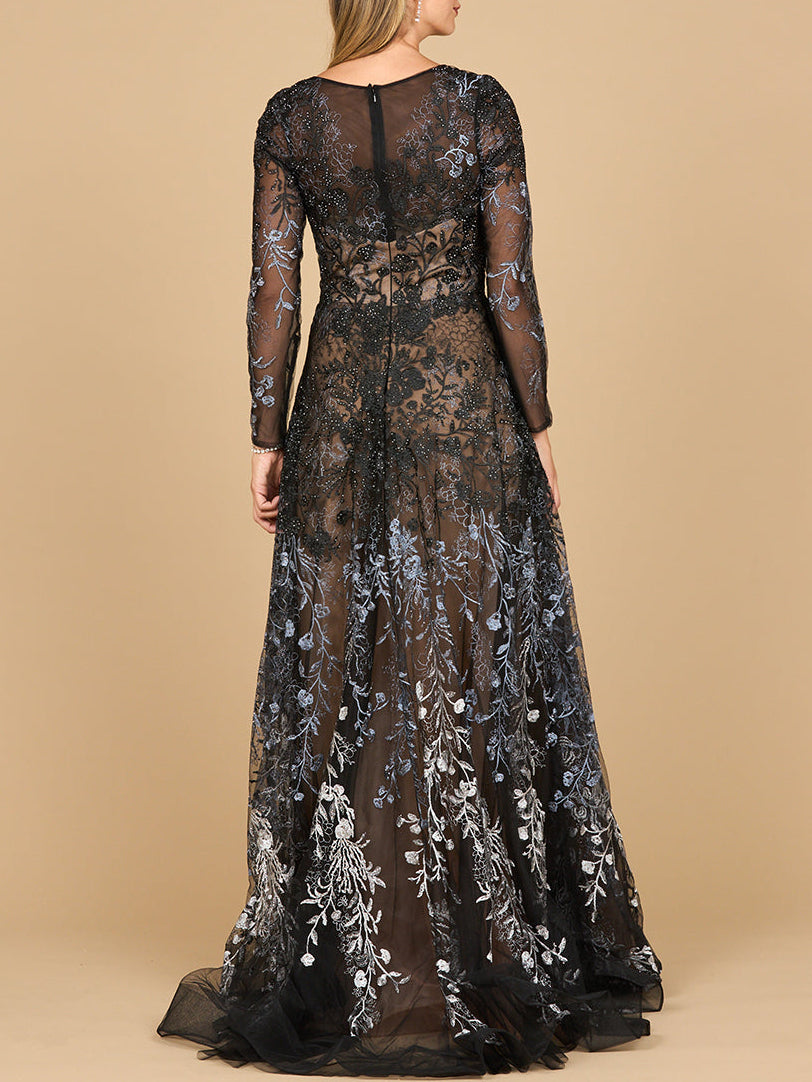 Lara 28878- Long Sleeve V-Neck Ombre Lace Gown