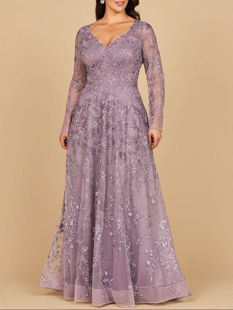Lara 28878- Long Sleeve V-Neck Ombre Lace Gown