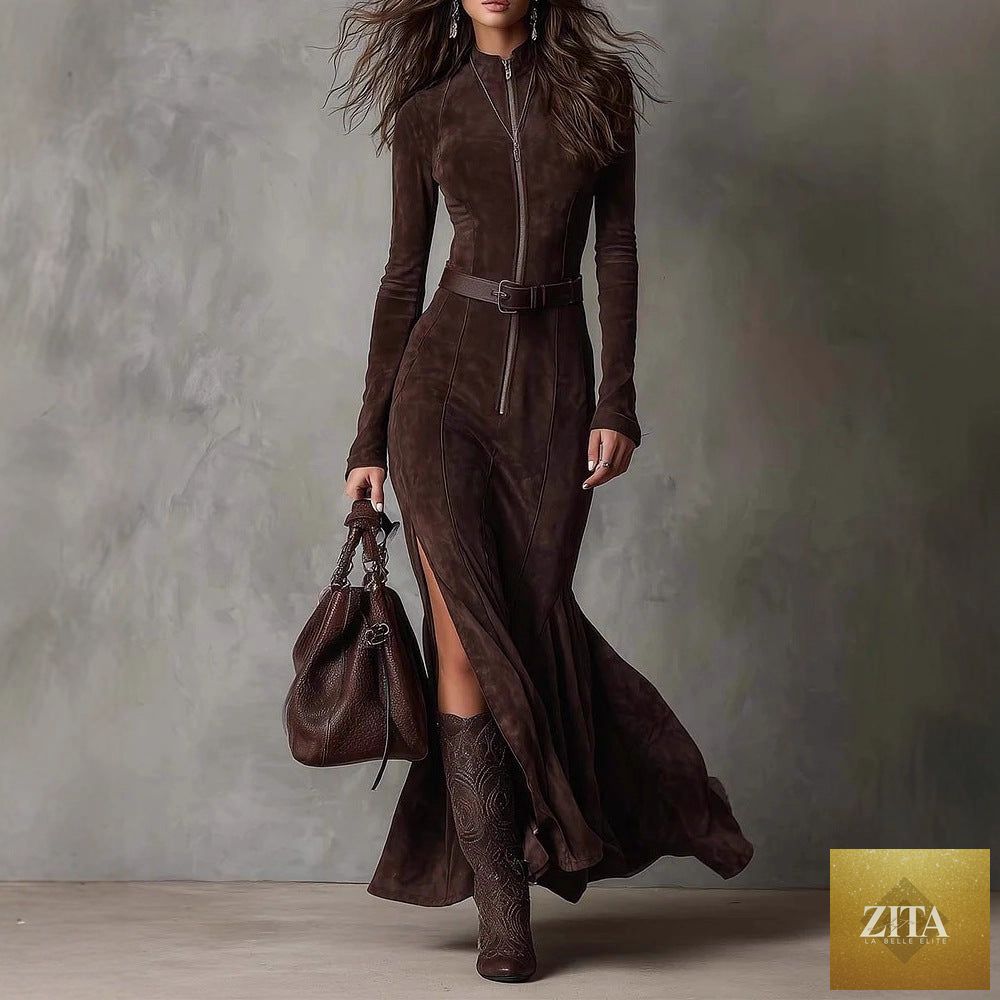 Women's suede velvet zip-front fishtail maxi dress with long sleeves, high waist, and mermaid hem by FitiqueFit.