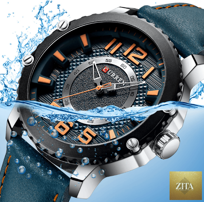 Men's waterproof sport watch by Stevvex with leather belts and large number details, showcasing a unique design and durable build.