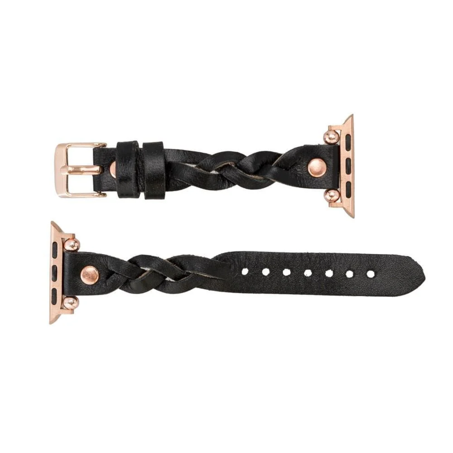 Leather Apple Watch band in black with a braided design, crafted by LEATHERE, shown on a smartwatch face.