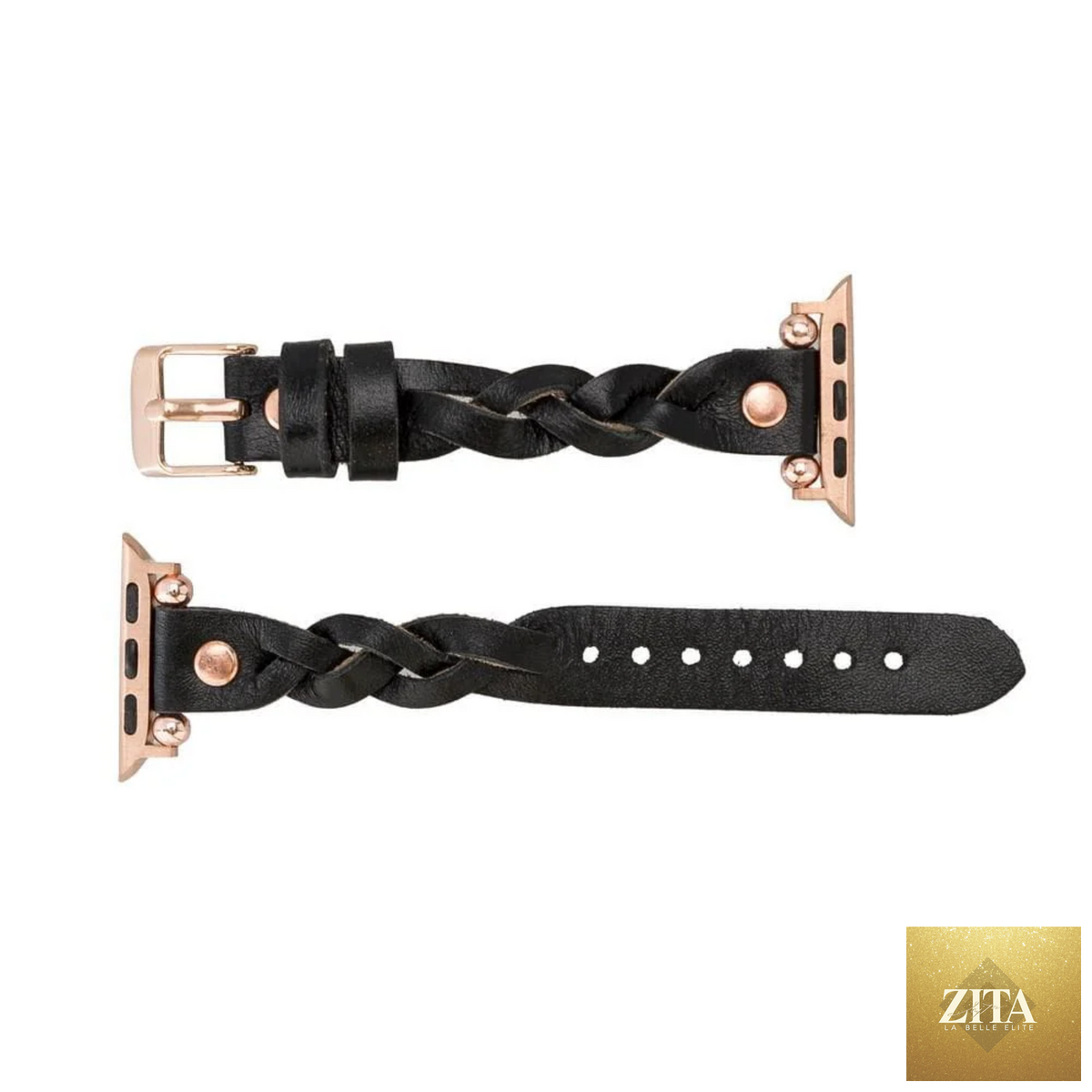 Leather Apple Watch band in black with a braided design, crafted by LEATHERE, shown on a smartwatch face.