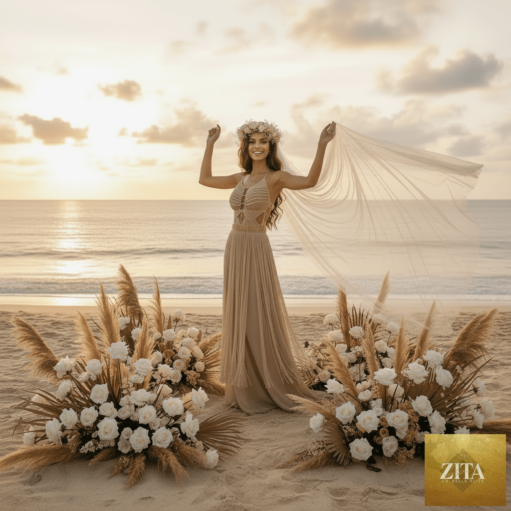 Elegant boho Artemis Dress by ALTYSAN COUTURE, perfect for beach parties, resorts, and festivals, featuring flowing fabric and stylish design.