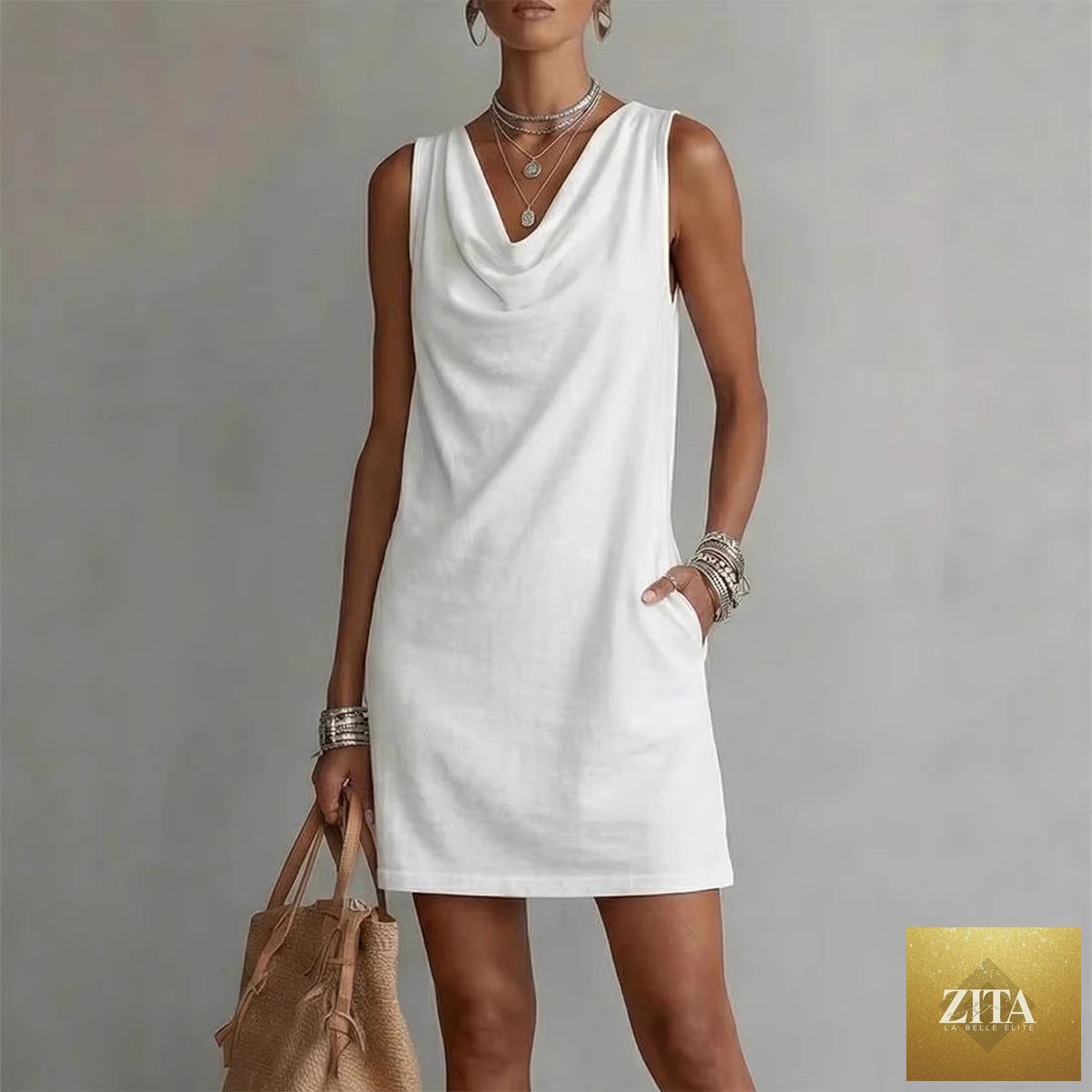 Women's off-shoulder sleeveless casual midi dress by FitiqueFit, featuring a pullover design and relaxed fit.