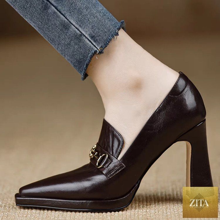 Women's retro chunky heel pointed toe pumps by Zita La Belle Elite featuring slip-on design and stylish office-appropriate footwear.
