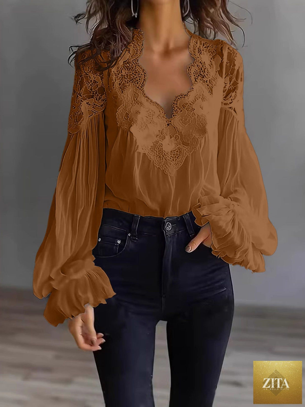FitiqueFit lace-panel puff sleeve pleated ruffle ballet-style shirt, showcasing intricate lace details and elegant design.