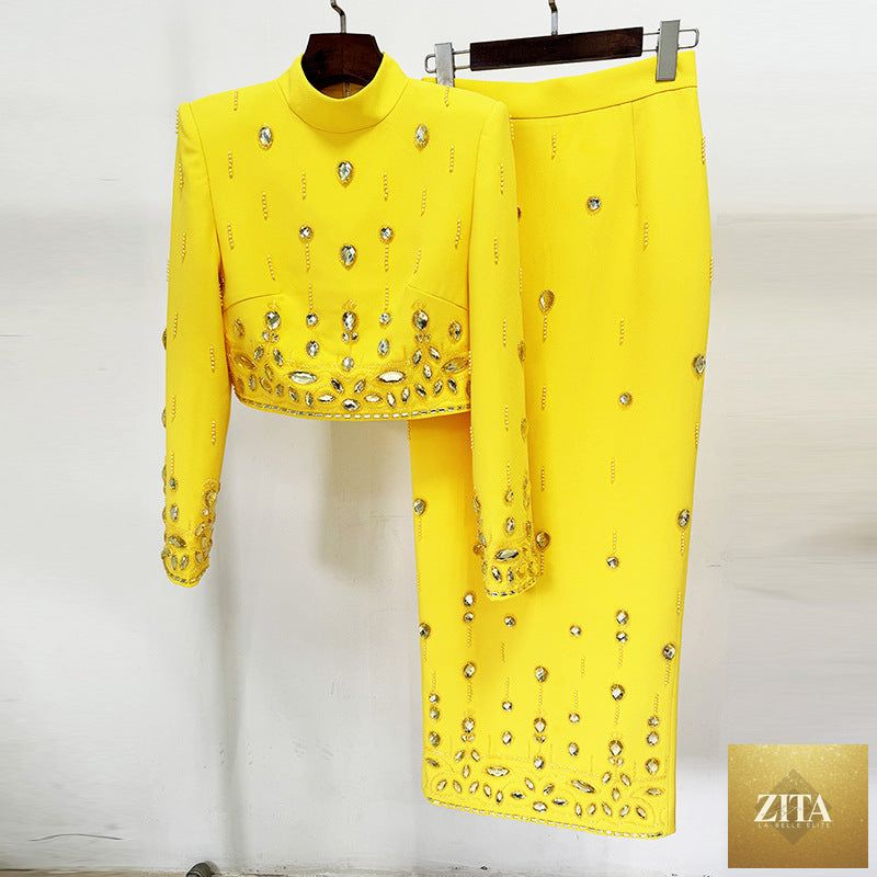 Zita La Belle Elite fashion outfit with heavy industry beads, diamond inlaid short top and long skirt, stylish and elegant.
