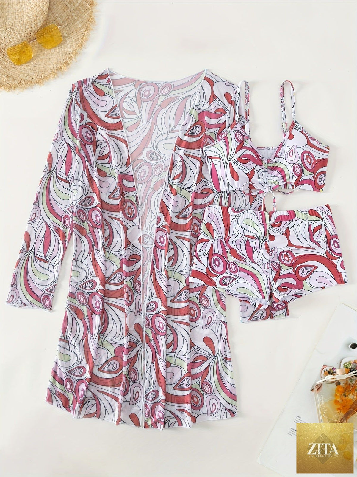 Stevvex Modern Geo 3-Piece Bikini Set with vibrant geometric print, V-neck top, boxer shorts bottoms, and long sleeve cover shirt.