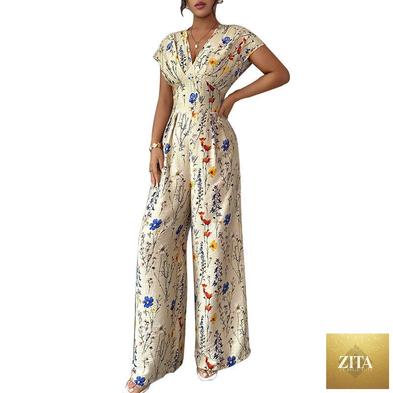 Autumn Short-sleeved Waist-cinching Wide-leg Pants