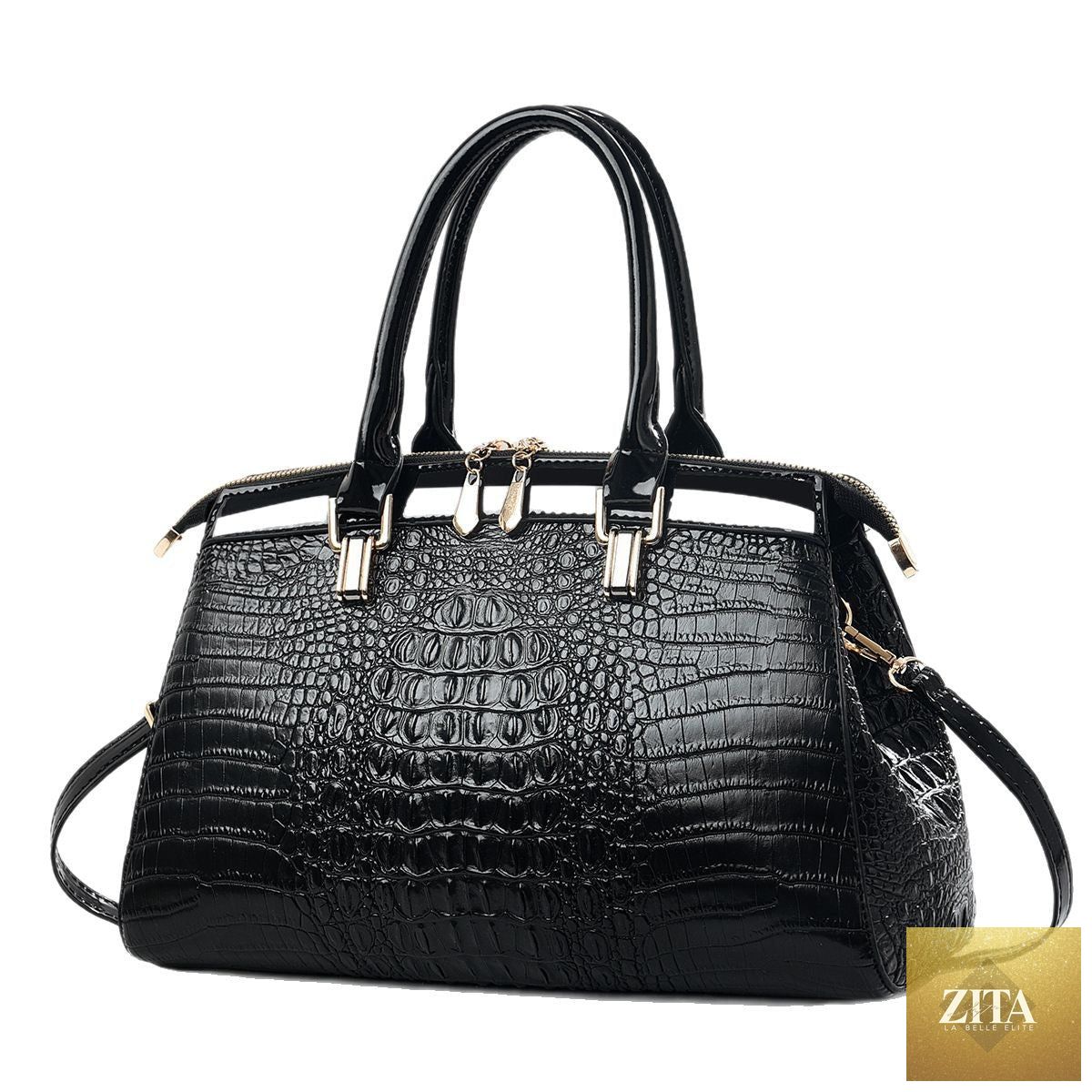 Elegant genuine leather handbag with patent leather finish, large capacity commuter bag in European and American style.