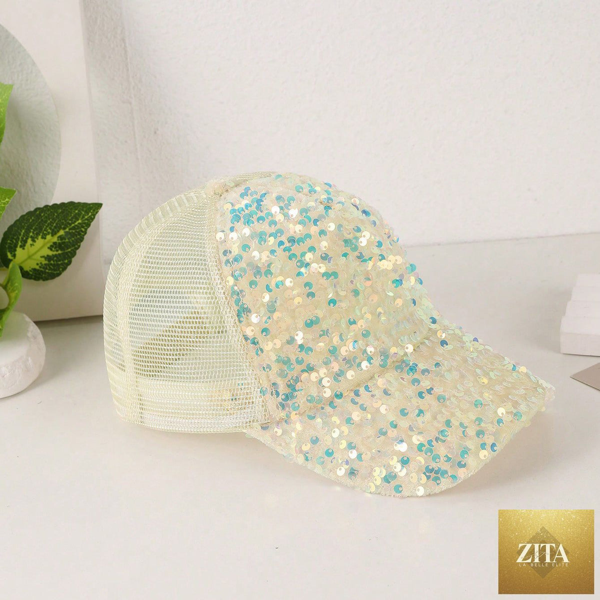 Sequin-embroidered mesh baseball cap with sunshade by Zita La Belle Elite, breathable trendy hat with stylish embellishments.
