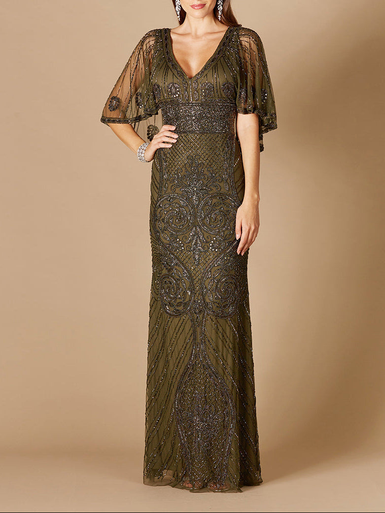 Cape Sleeve V-Neck Beaded Gown