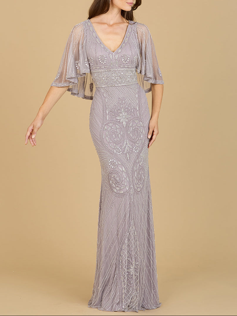 Cape Sleeve V-Neck Beaded Gown