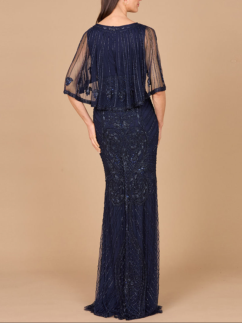 Cape Sleeve V-Neck Beaded Gown