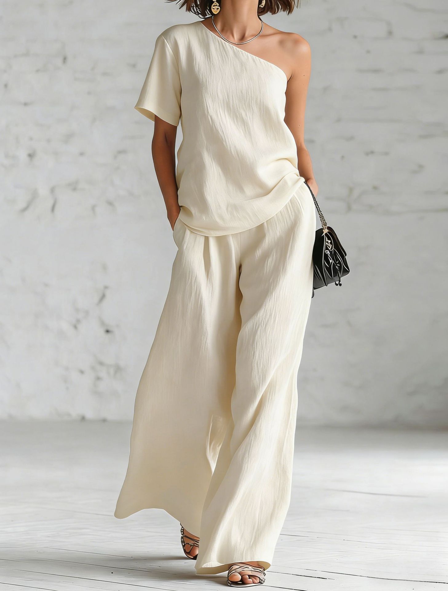 Women's wide-leg pants and top set from FitiqueFit, casual 2-piece outfit with three-quarter sleeves and relaxed fit.