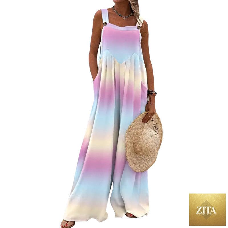 Women’s printed sleeveless casual wide-leg pants with a loose fit, featuring colorful floral patterns and lightweight fabric.