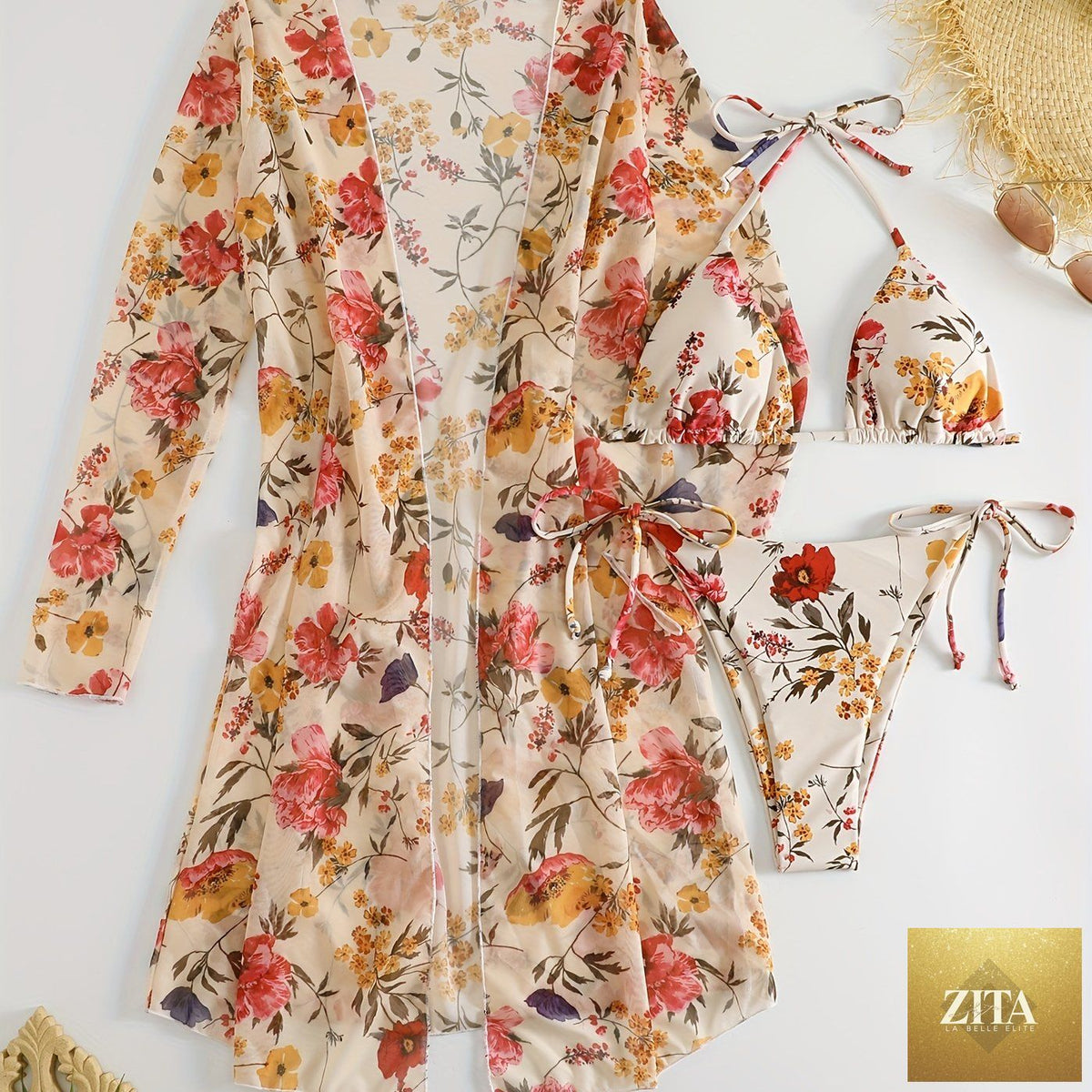 Stevvex European style floral print 3-piece bikini set with V-neck, cross straps, and matching long sleeve cover-up for summer beachwear.