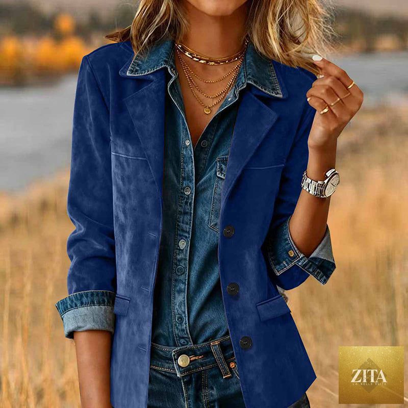 Plus size women's solid color blazer jacket by FitiqueFit, tailored fit, with classic lapels and long sleeves.