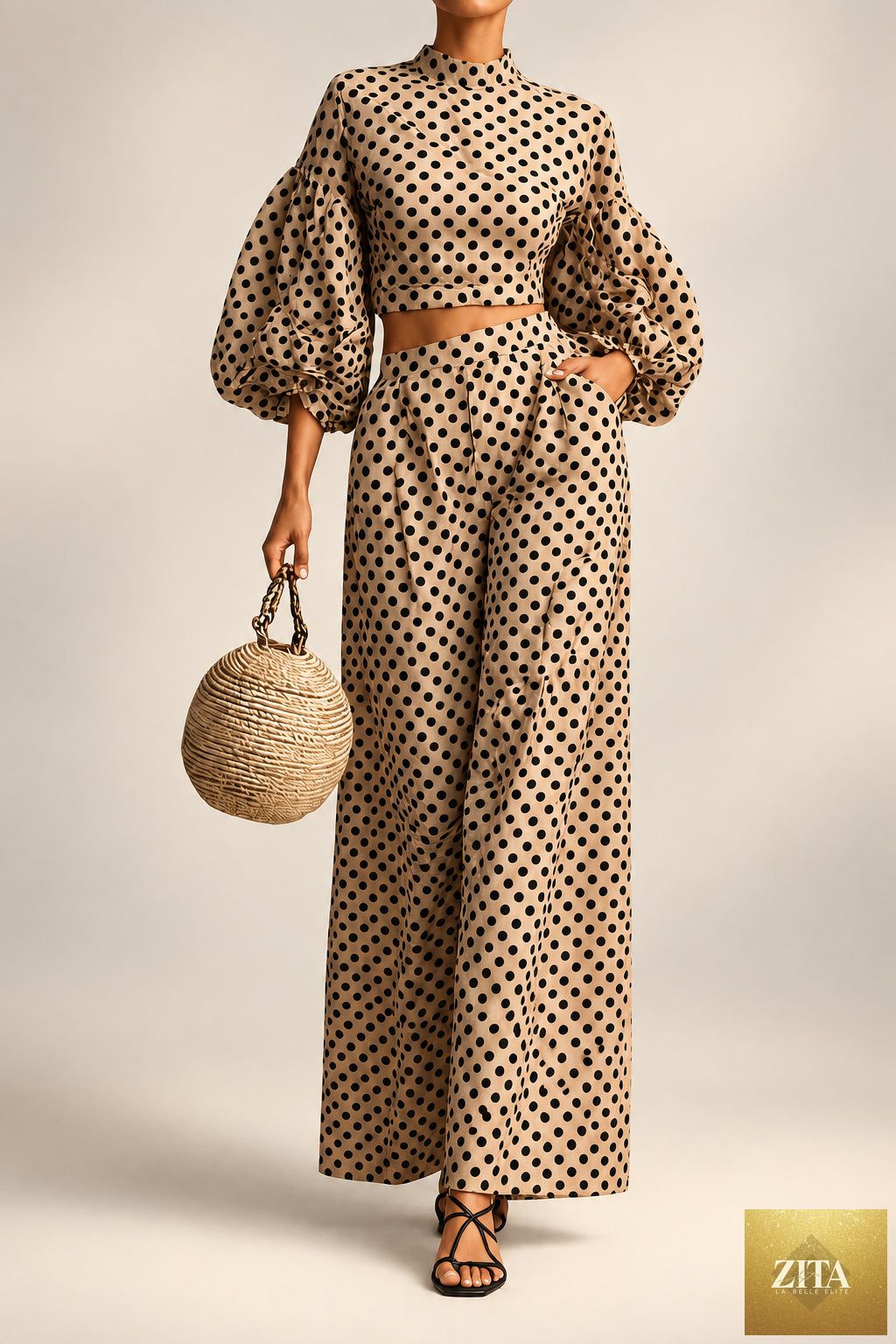 Women's 2-Piece Polka Dot Set – Lantern-Sleeve Mock-Neck Crop Top & High-Waisted Wide-Leg Trouser