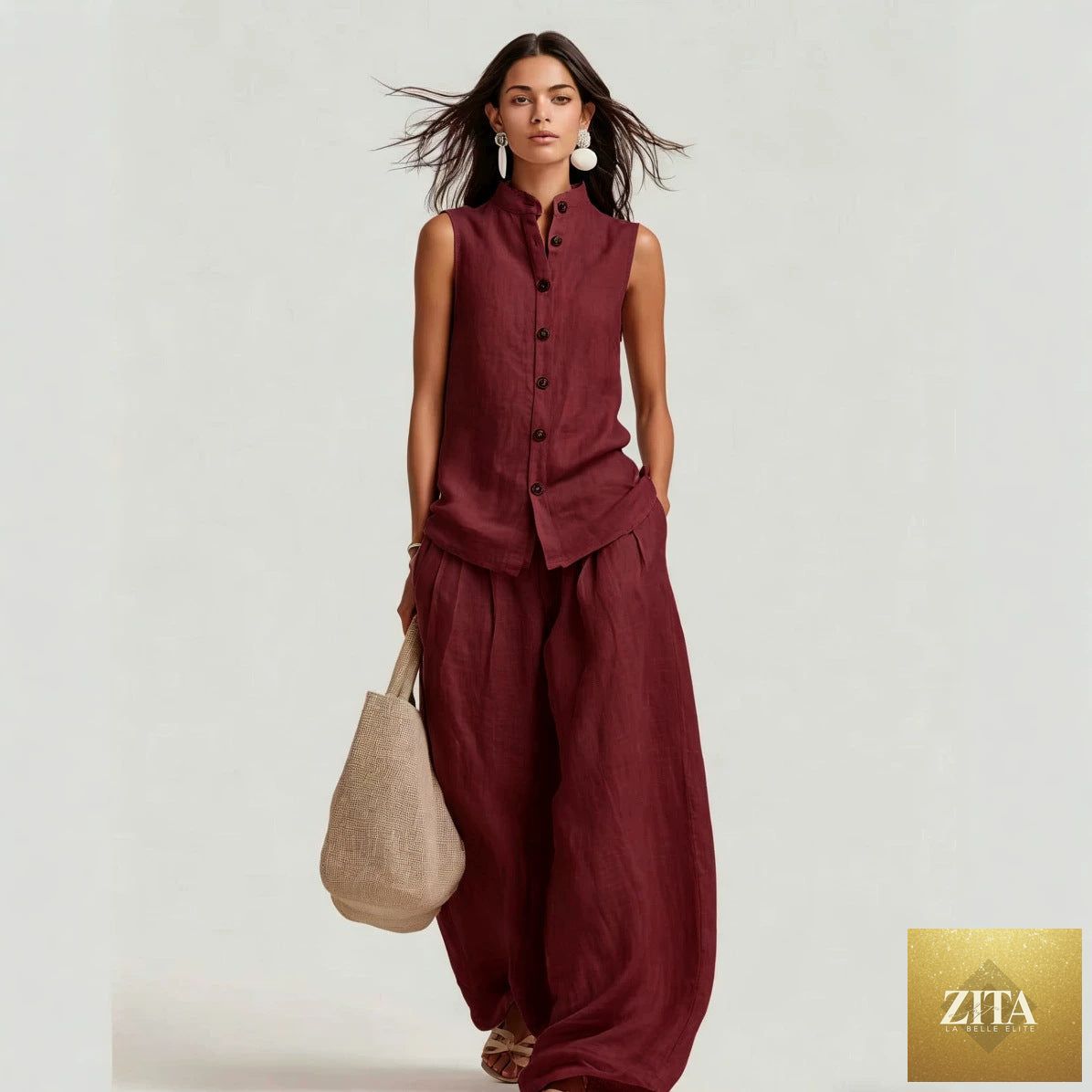 Zita La Belle Elite women's casual sleeveless top with stand collar paired with high-waist wide-leg pants, stylish and comfortable outfit.