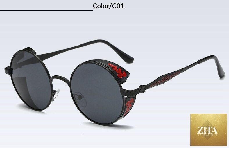 Fashion polarized steampunk sunglasses by FitiqueFit with dark tinted lenses and vintage-inspired metal frames.