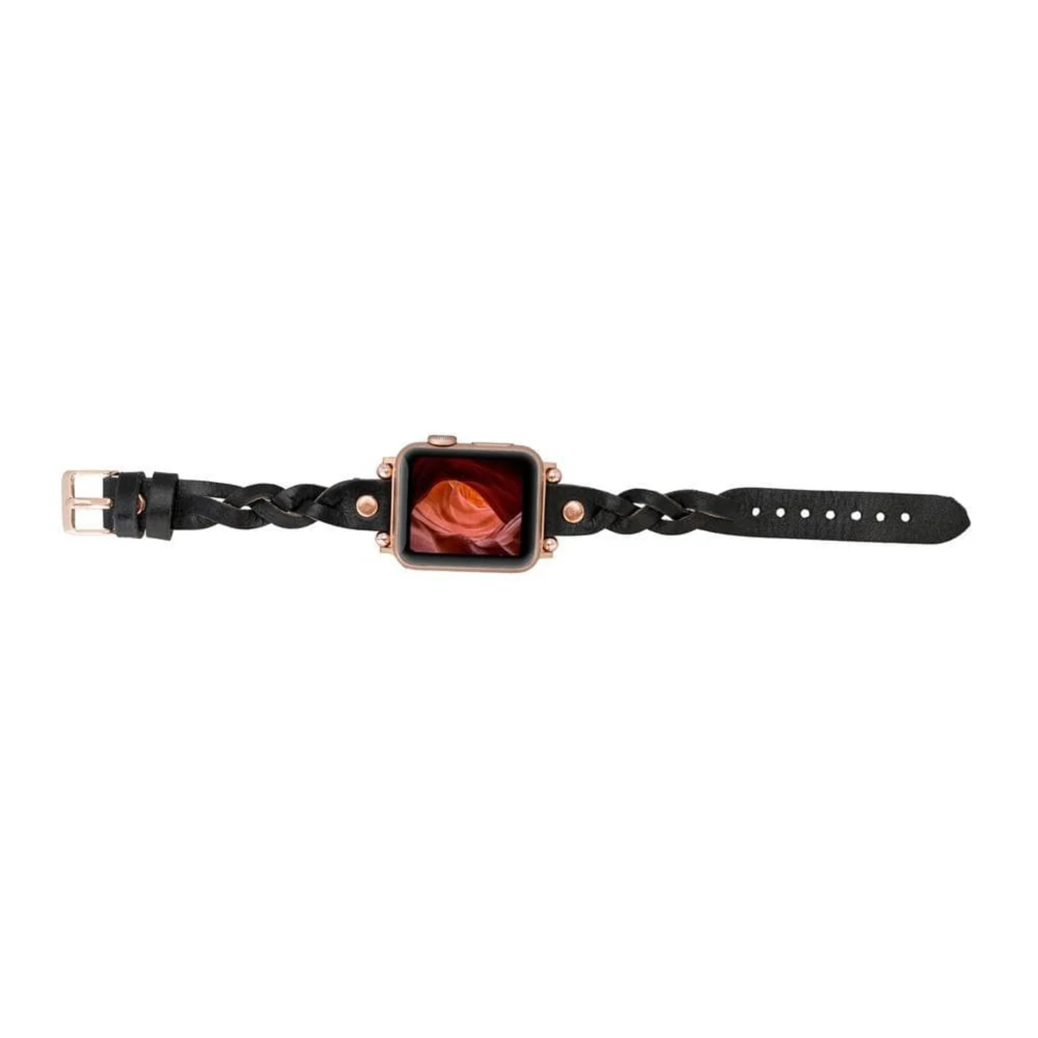 Black leather Apple Watch Braided Band by LEATHERE, featuring a textured braided design for a stylish and comfortable fit.