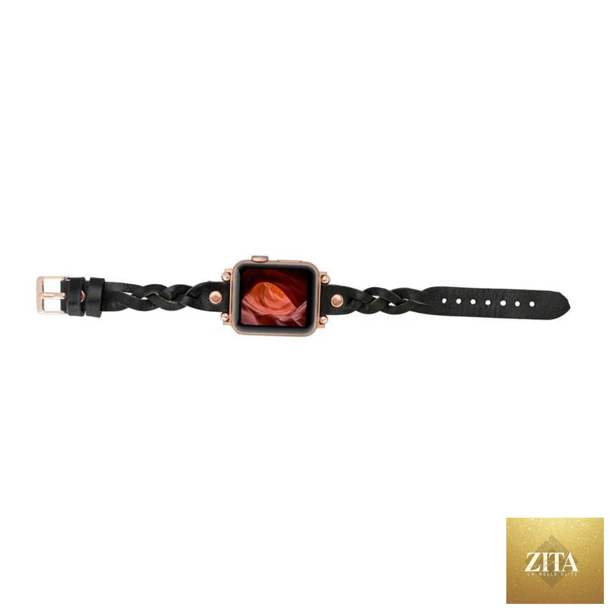 Black leather Apple Watch Braided Band by LEATHERE, featuring a textured braided design for a stylish and comfortable fit.