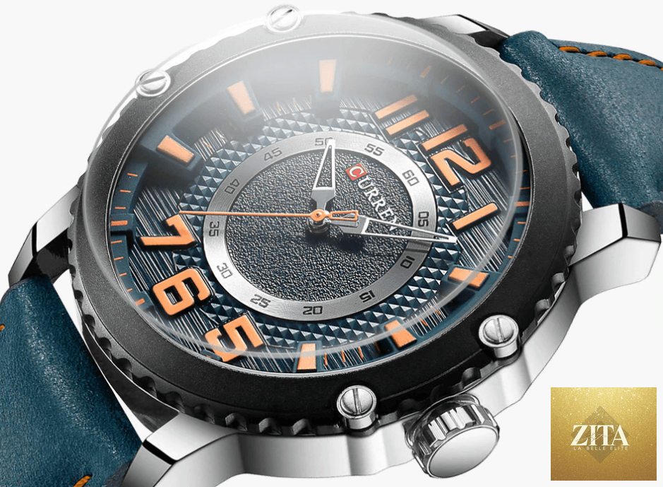 Men's waterproof sport watch by Stevvex with leather straps and large numbered dial, showcasing a unique design and sturdy build.