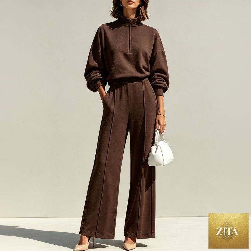 Women's Half-Zip Hoodie & Wide-Leg Pants Set