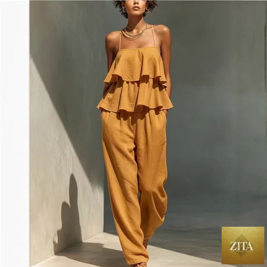 Women's sleeveless camisole top and casual pants set by Zita La Belle Elite, featuring a relaxed fit and comfortable fabric.