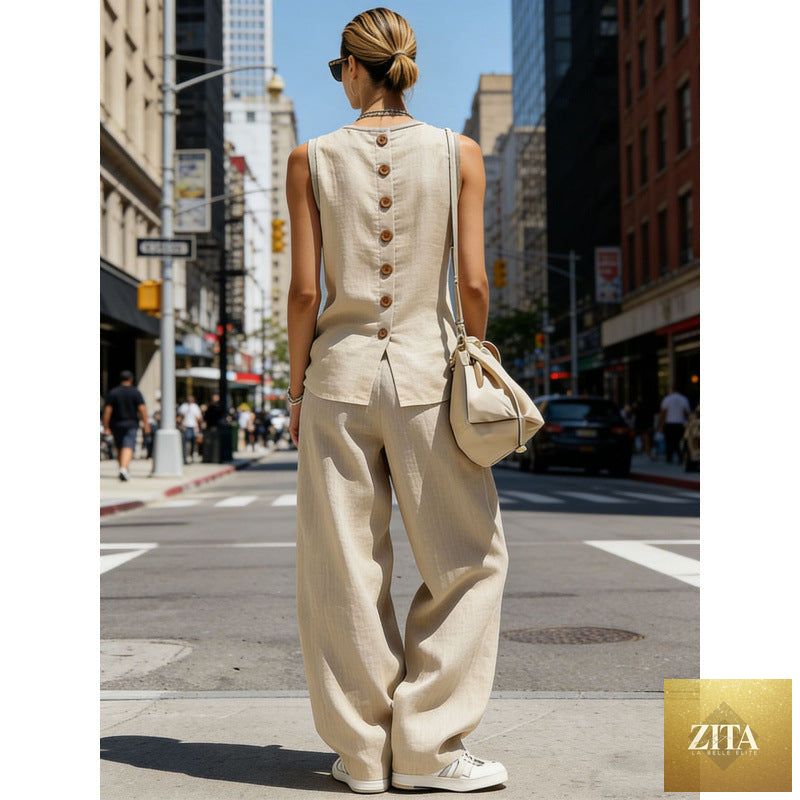 Zita La Belle Elite women's sleeveless cardigan top and matching pants casualwear set, shown in a stylish two-piece outfit.