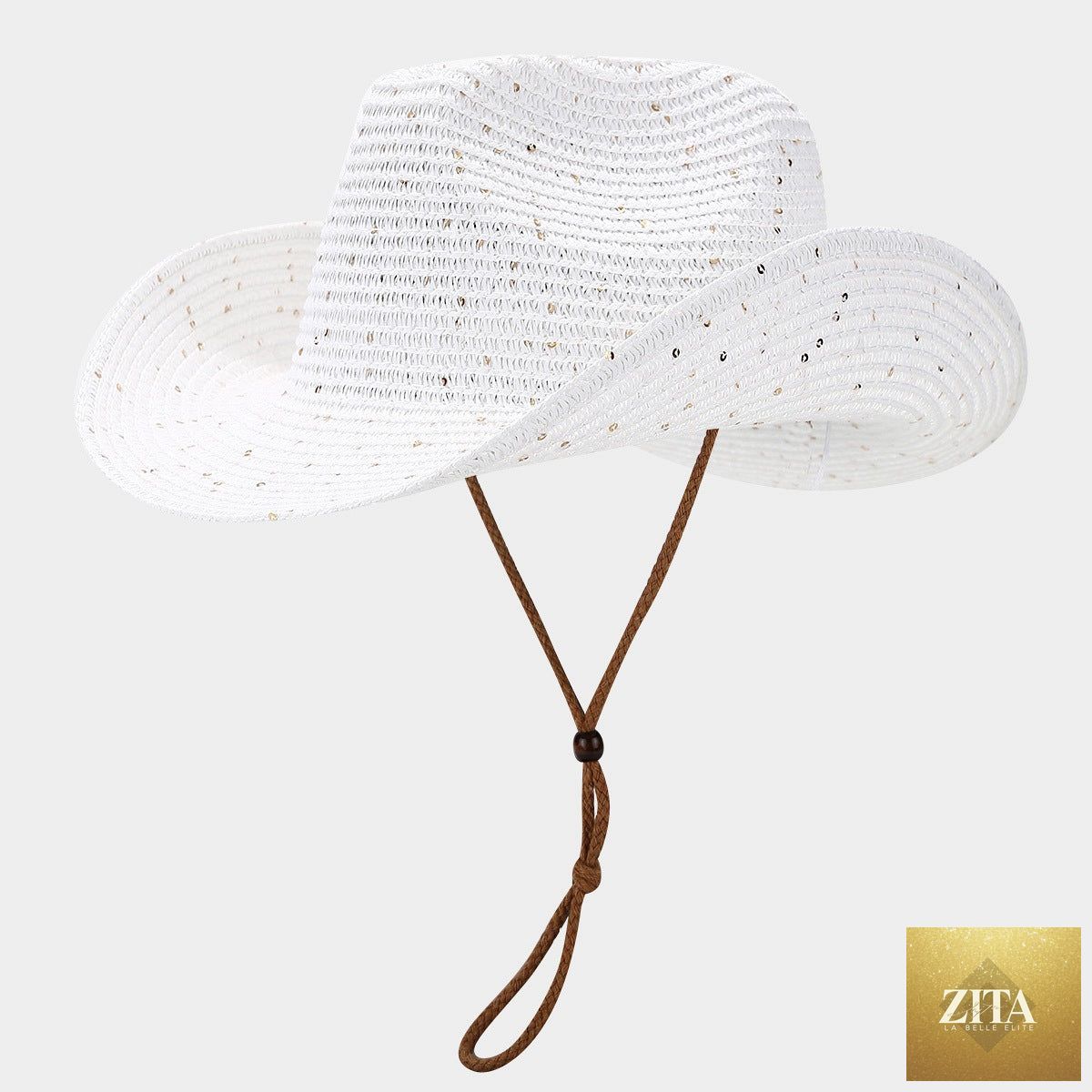 Women's Panama straw woven sun hat with windproof design and sequin details by Zita La Belle Elite, perfect for beach outings.