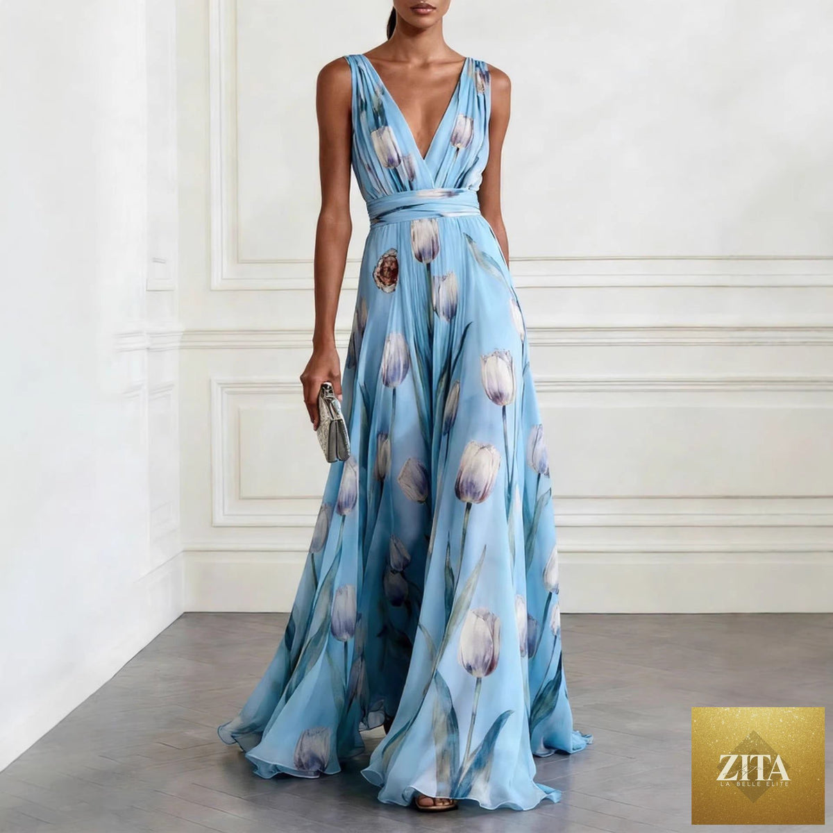 Floral tulip print sleeveless maxi dress by FitiqueFit with V-neckline, flowing chiffon fabric, perfect for summer or special occasions.